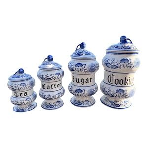 Vintage Arnart Blue Onion Canister Set 4 Piece Ceramic Japan White Blue Floral